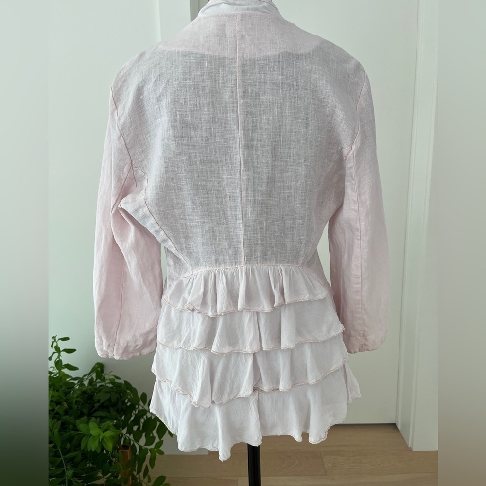 NINA KENDOSA Linen Jacket Pale Pink Asymmetric Ruffles Peplum Made Italy
